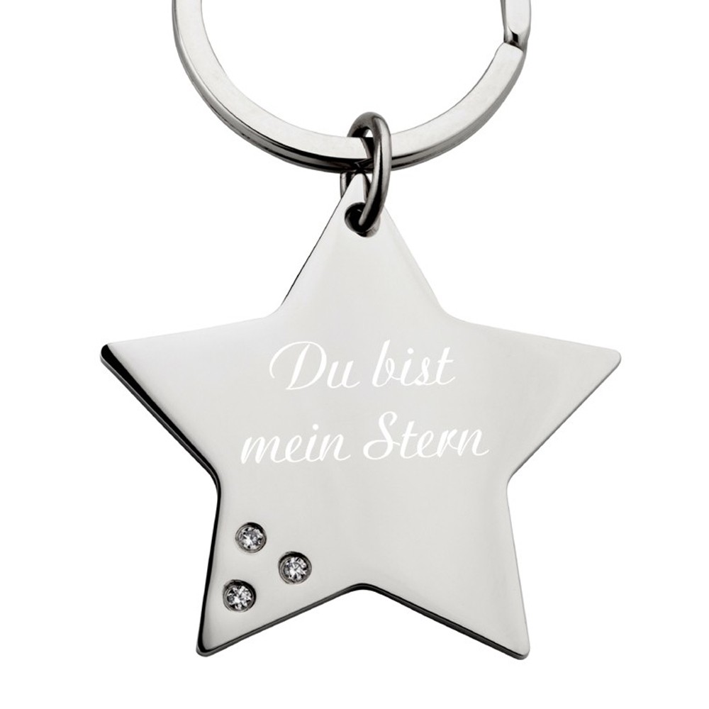 Edelstahl-Schlüsselanhänger mit Gravur Stern Zirkonia von Trendgravur