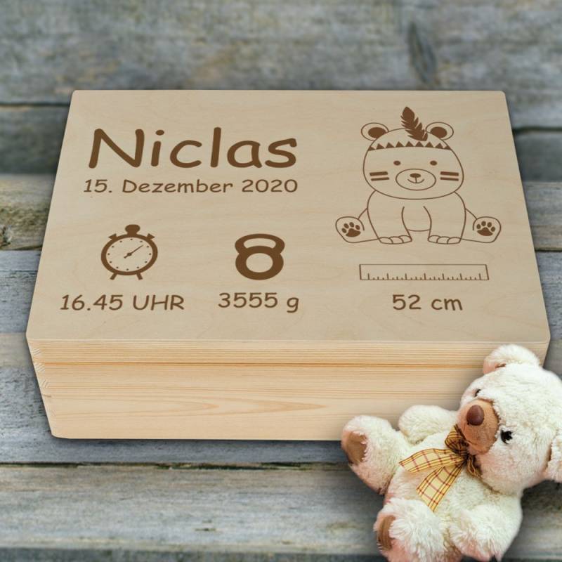 Erinnerungsbox für Kinder Teddy mit Wunschnamen zur Geburt von Trendgravur