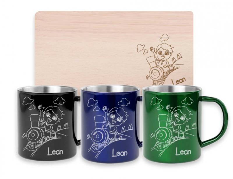 Frühstücksset für Kinder mit deiner Wunschgravur - Eisenbahn von Trendgravur