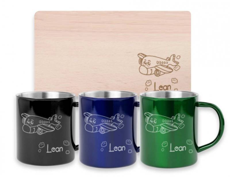 Frühstücksset für Kinder mit deiner Wunschgravur - Flugzeug von Trendgravur