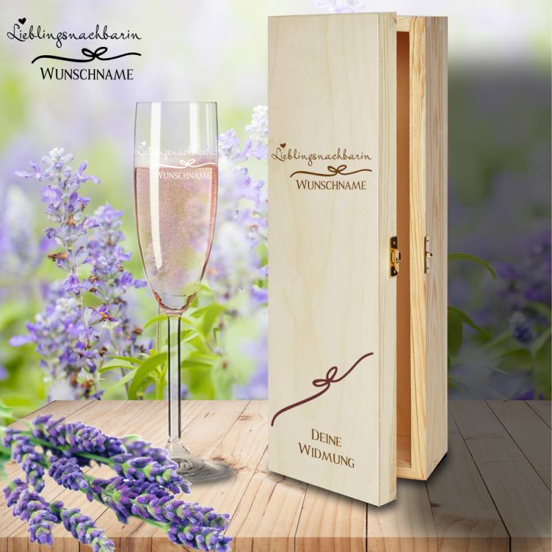 Geschenkbox Lieblingsnachbarin mit Sektglas von Leonardo und Gravur von Trendgravur