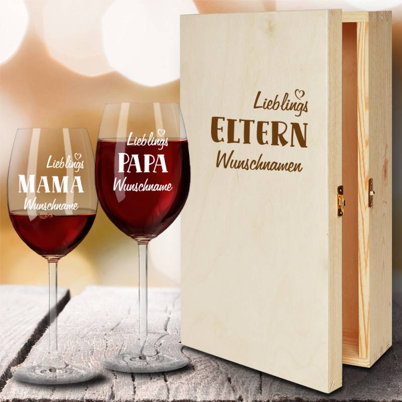 Geschenkbox Rotweingläser von Leonardo mit Gravur Lieblings-Eltern von Trendgravur