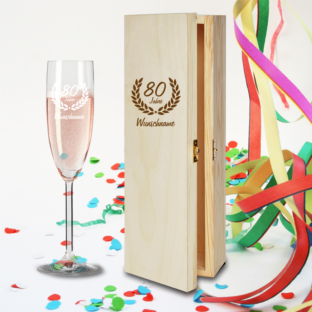 Geschenkbox und Sektglas Ranke mit Namensgravur zum 80.Geburtstag von Trendgravur