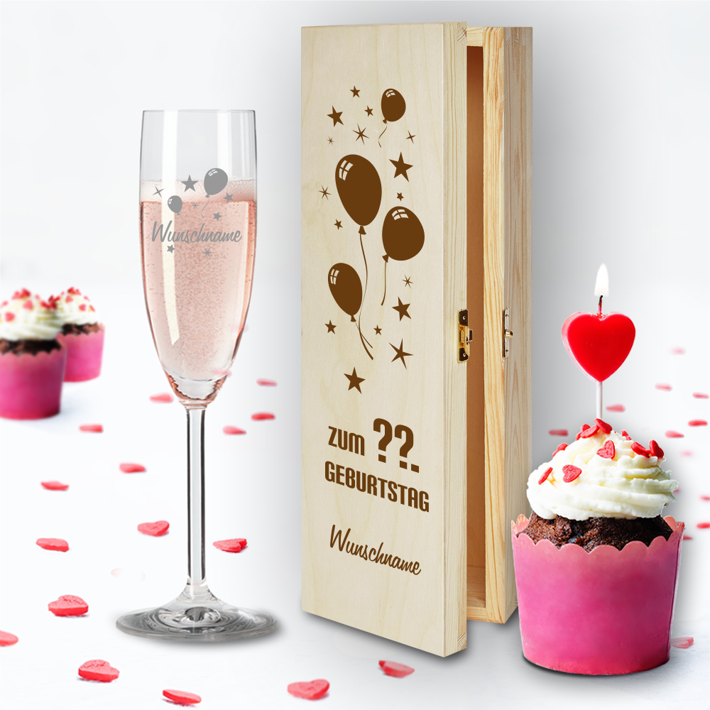 Geschenkbox und Sektglas von Leonardo Luftballons mit Namensgravur... von Trendgravur
