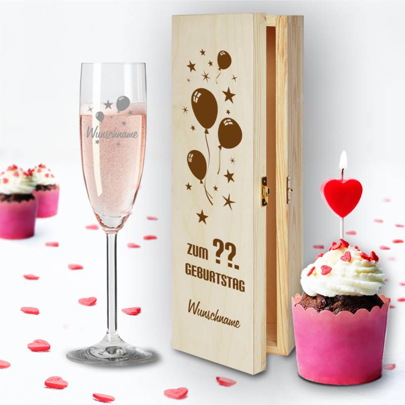 Geschenkbox und Sektglas von Leonardo Luftballons mit Namensgravur... von Trendgravur