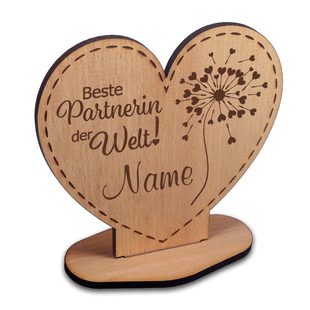 Holz-Aufsteller Herz mit Pusteblume Beste Partnerin von Trendgravur