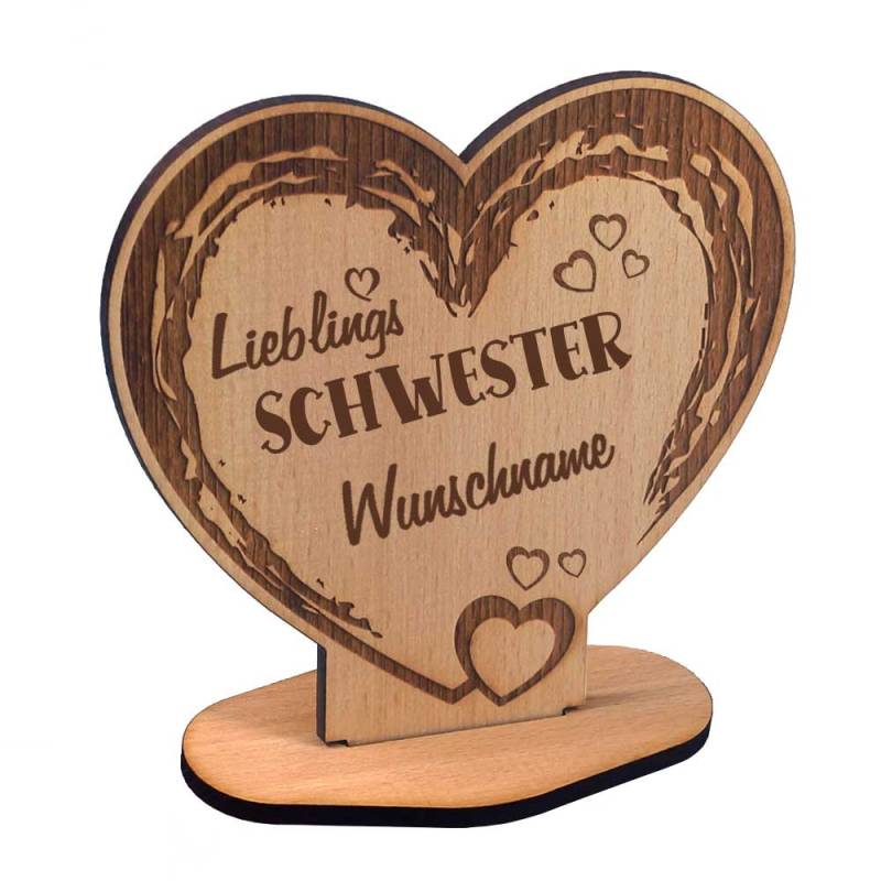 Holz-Aufsteller in Herzform mit Gravur Lieblings-Schwester von Trendgravur