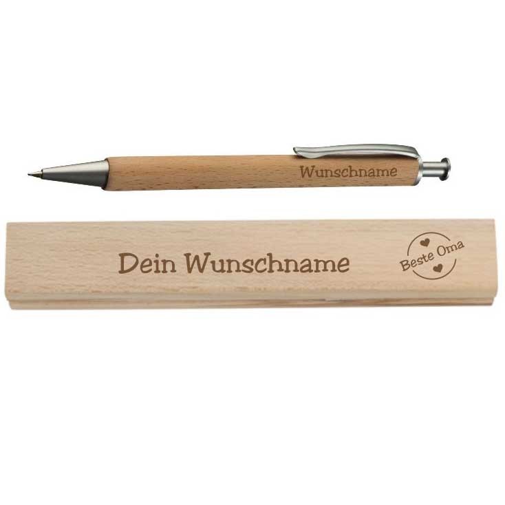 Holz-Kugelschreiber mit Wunschname + Box für die Beste Oma von Trendgravur