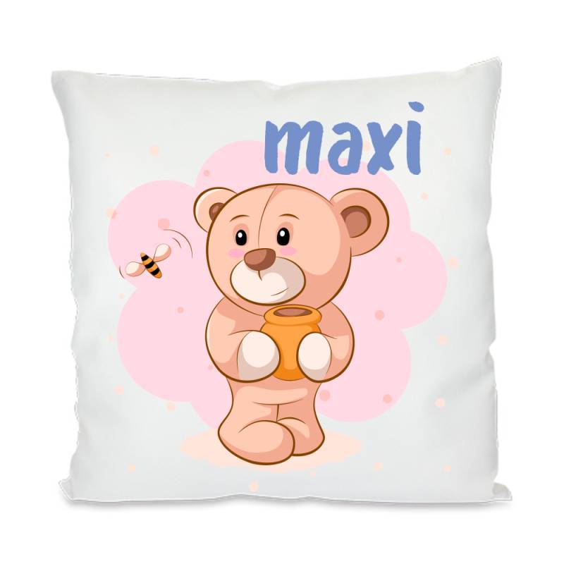 Kinder-Kissen mit Namen Teddy mit Honigtopf von Trendgravur