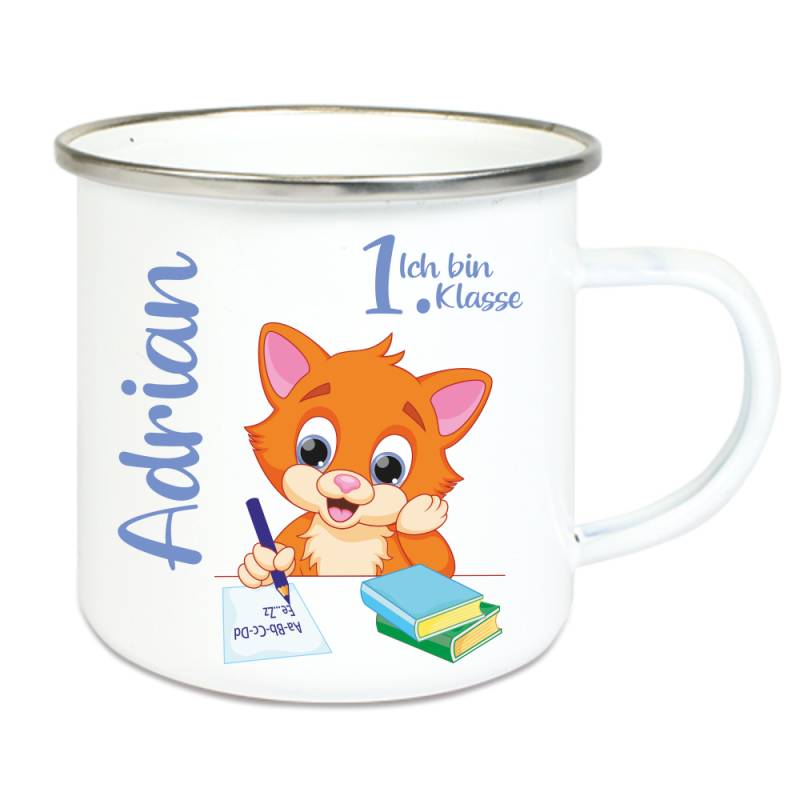 Kinder Tasse Emaille zur Einschulung Motiv Kater von Trendgravur