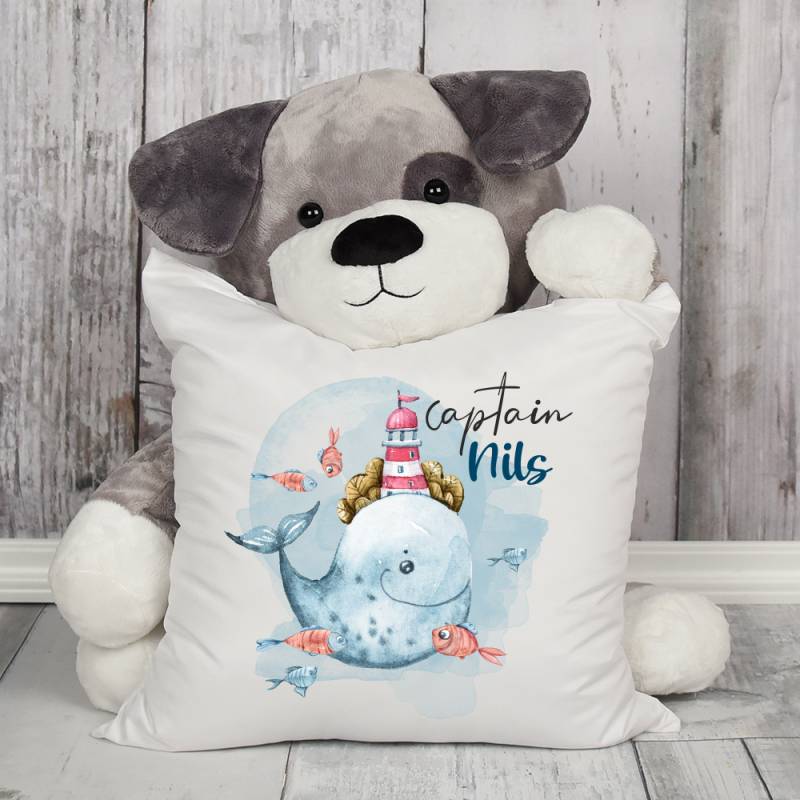 Kissen für Kinder Wal mit Leuchtturm von Trendgravur