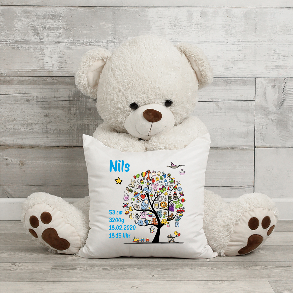 Kissen mit Namen zur Geburt Babybaum Junge von Trendgravur