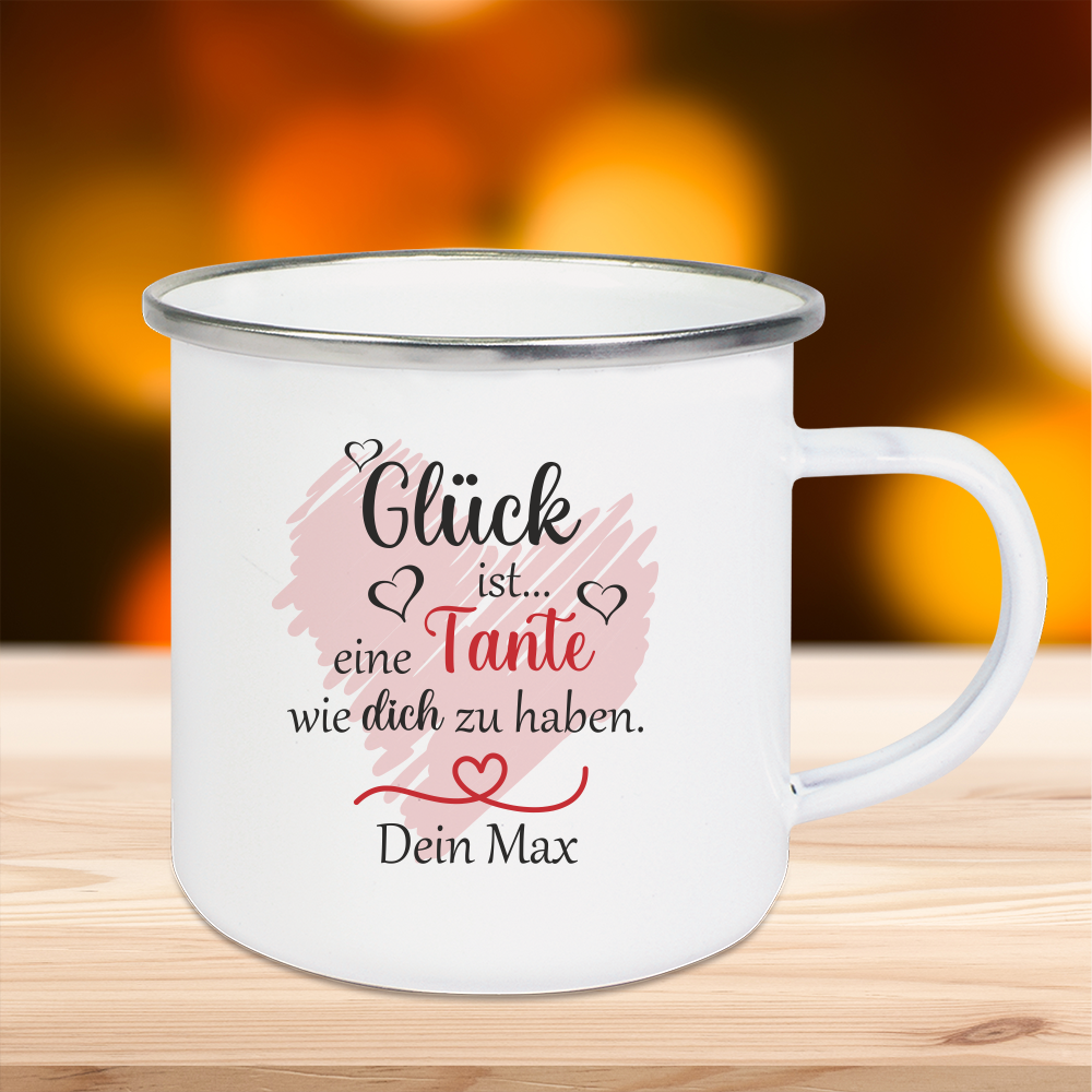 Personalisierte Tasse Emaille Glück ist Tante von Trendgravur