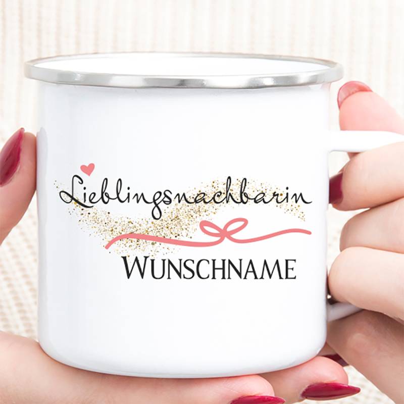 Personalisierte Tasse Emaille Lieblingsnachbarin von Trendgravur