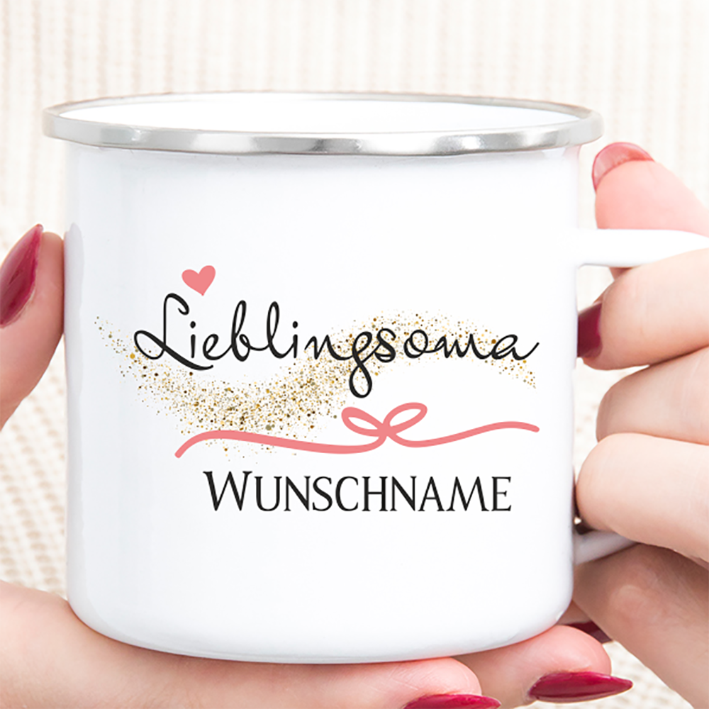 Personalisierte Tasse Emaille Lieblingsoma von Trendgravur
