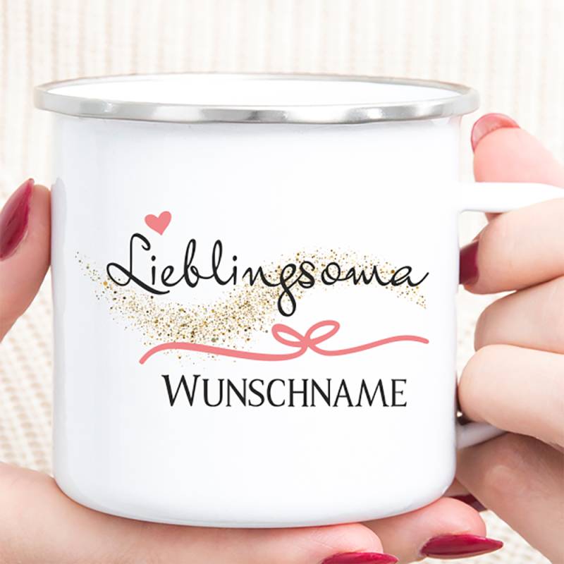 Personalisierte Tasse Emaille Lieblingsoma von Trendgravur