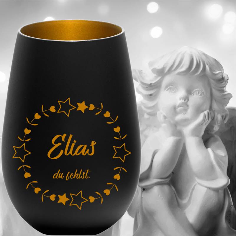 Personalisiertes Windlicht Erinnerungslicht - schwarz-gold Du fehlst von Trendgravur
