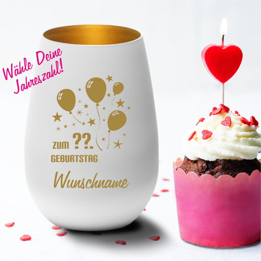Personalisiertes Windlicht weiss-gold zum Geburtstag- Luftballons... von Trendgravur