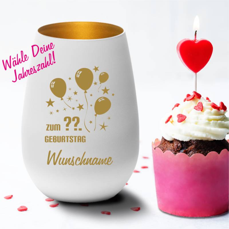 Personalisiertes Windlicht weiss-gold zum Geburtstag- Luftballons... von Trendgravur