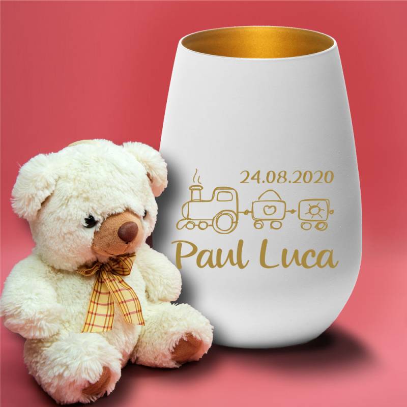 Personalisiertes Windlicht zur Geburt Zug von Trendgravur