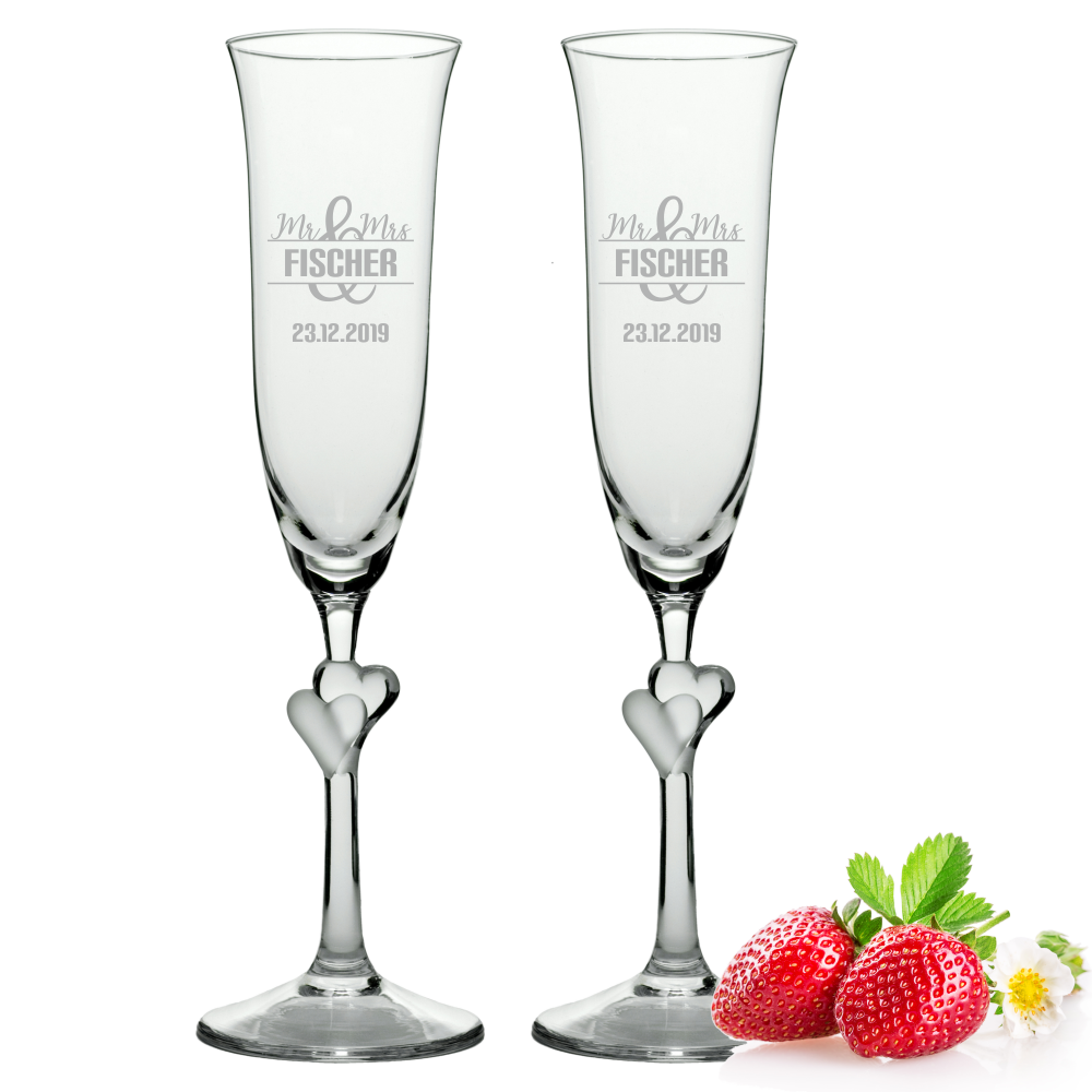 Sektgläser-Set Herzen Motiv Mr. & Mrs.mit Wunschnamen von Trendgravur