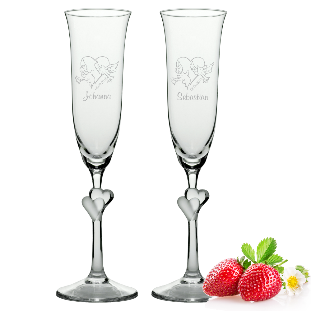 Sektgläser-Set Herzen mit Wunschnamen Motiv Tauben von Trendgravur