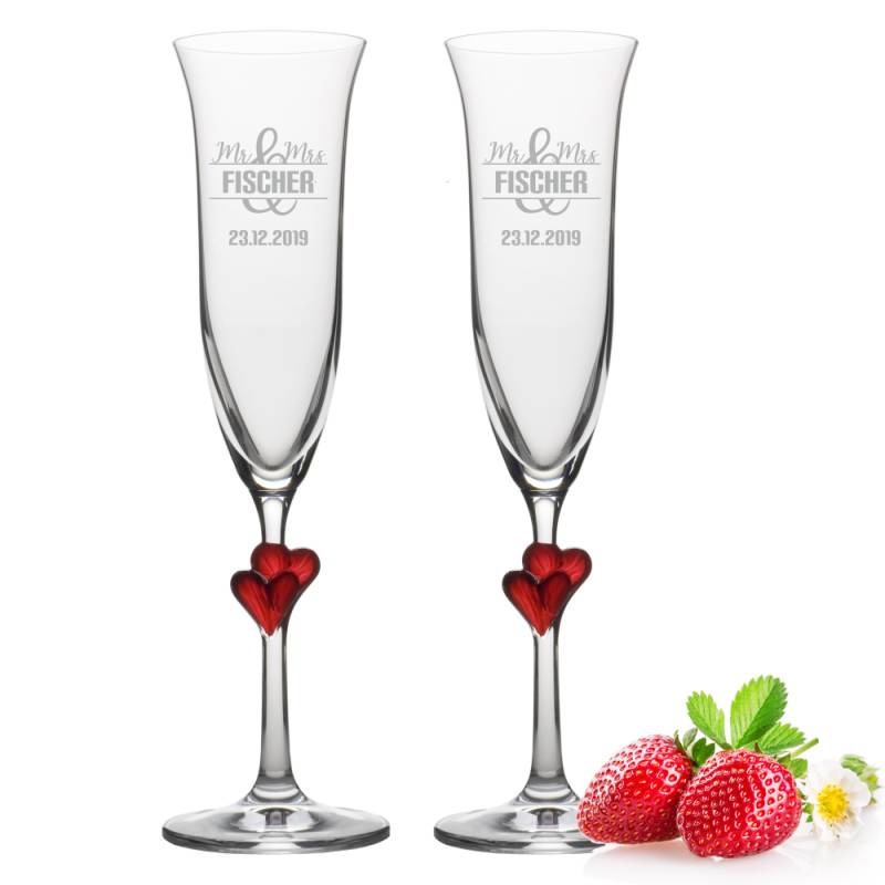 Sektgläser-Set Herzen rot Motiv Mr. & Mrs.mit Wunschnamen von Trendgravur