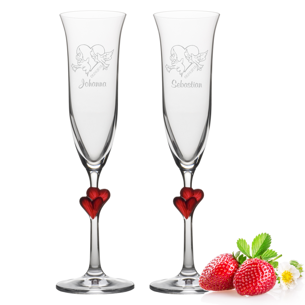 Sektgläser-Set Herzen rot Motiv Tauben von Trendgravur