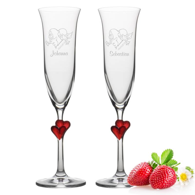 Sektgläser-Set Herzen rot Motiv Tauben von Trendgravur
