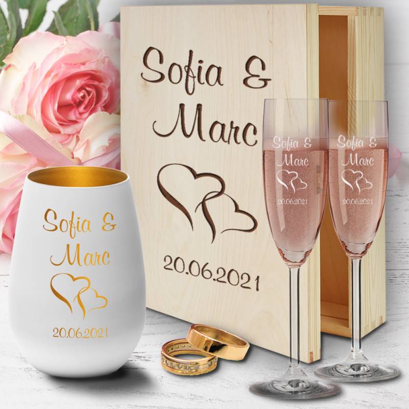 Sektgläser zur Hochzeit Geschenkset mit Windlicht in Holzbox -... Sektgläser zur Hochzeit Geschenkset mit Windlicht in Holzbox -... von Trendgravur