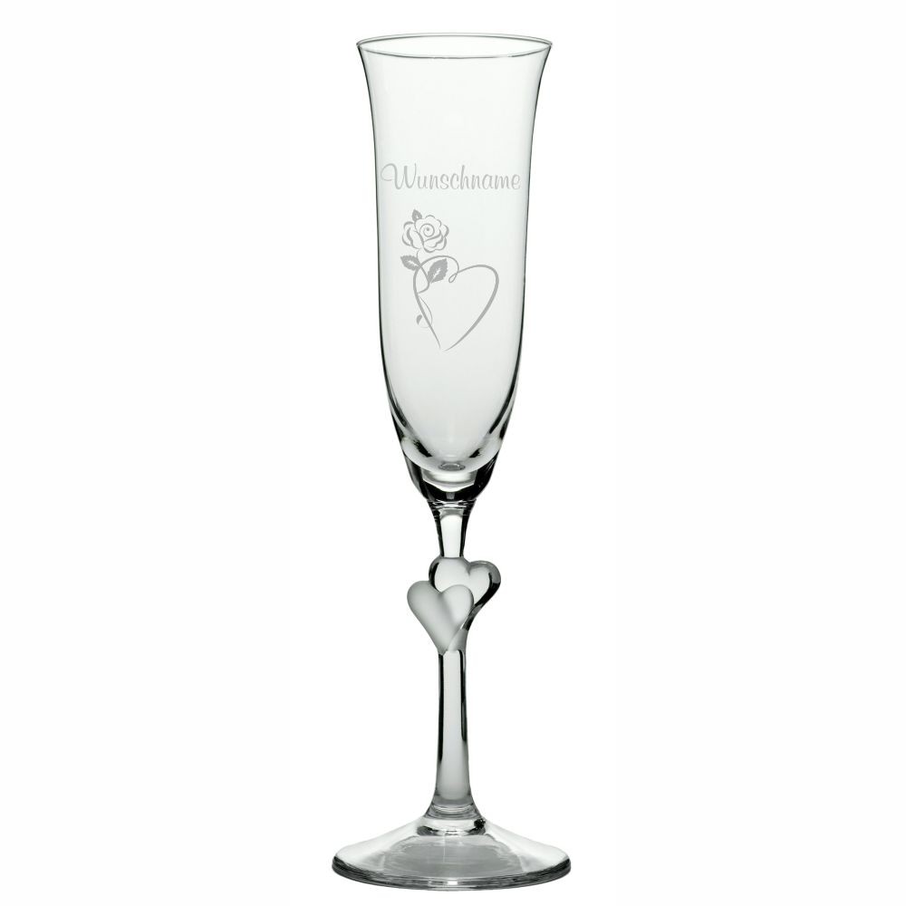 Sektglas L'Amour weiss mit Wunschnamen -Herzrose von Trendgravur