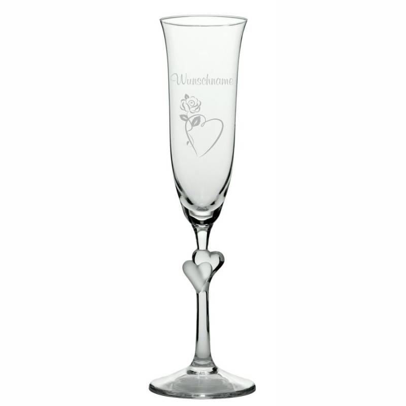 Sektglas L'Amour weiss mit Wunschnamen -Herzrose von Trendgravur