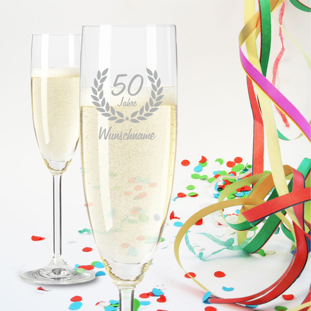 Sektglas mit Namensgravur zum 50. Geburtstag von Trendgravur