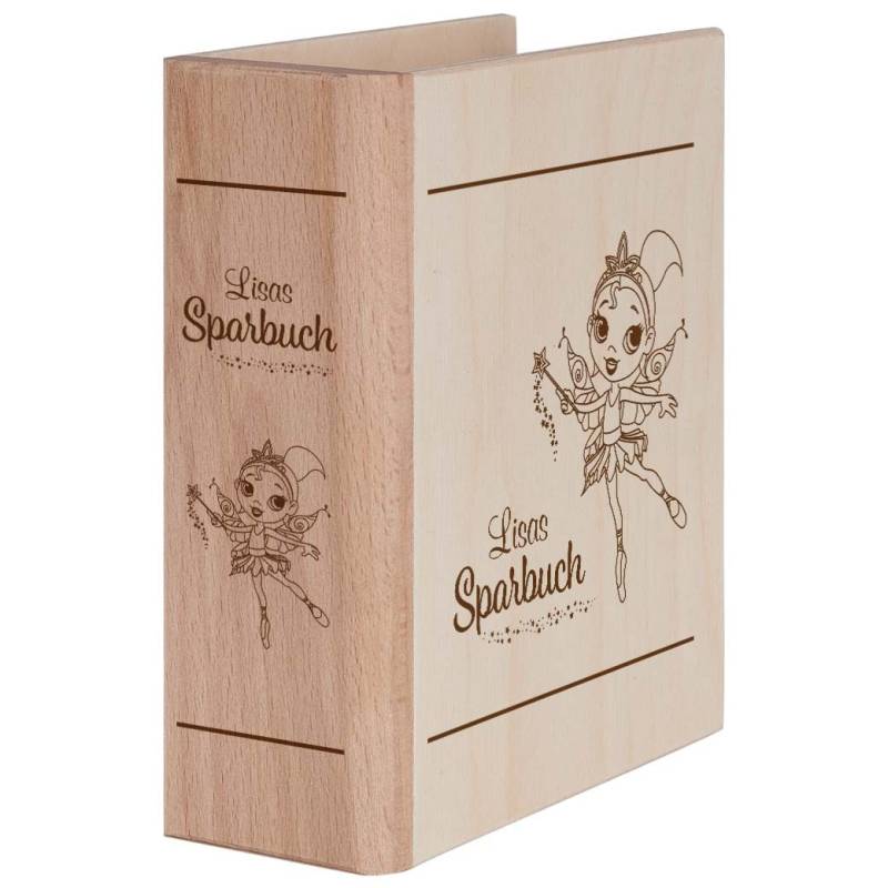 Spardose aus Holz mit Namen -Sparbuch Fee von Trendgravur