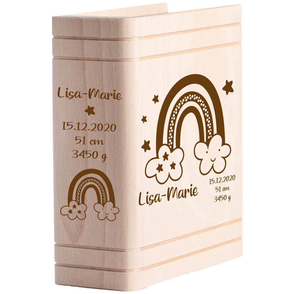 Spardose aus Holz zur Geburt - Regenbogen von Trendgravur