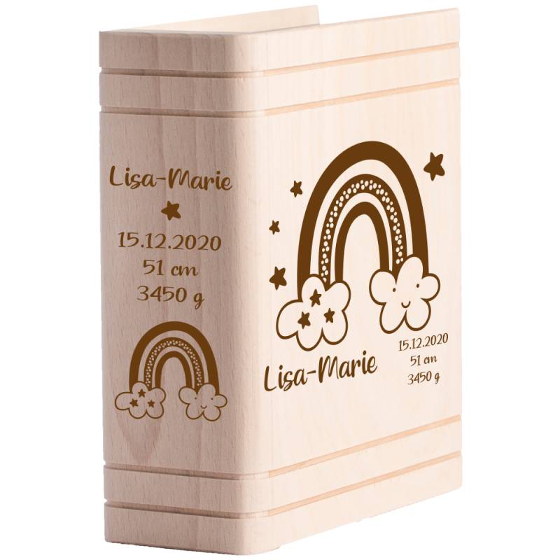 Spardose aus Holz zur Geburt - Regenbogen von Trendgravur
