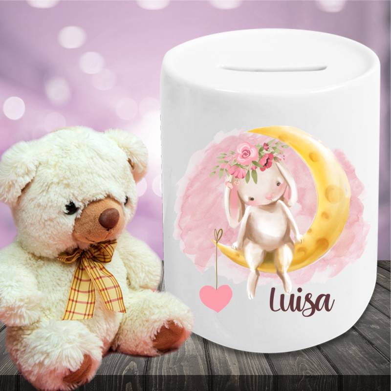 Spardose für Kinder mit Namen Häschen auf Mond von Trendgravur