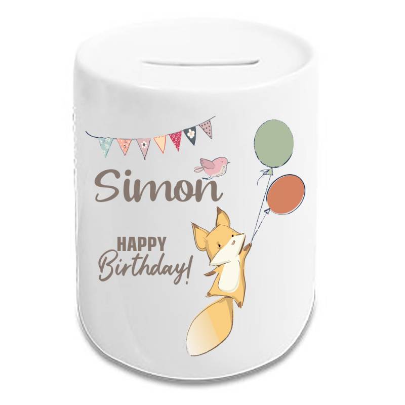 Spardose für Kinder zum Geburtstag Fuchs mit Wunschnamen von Trendgravur