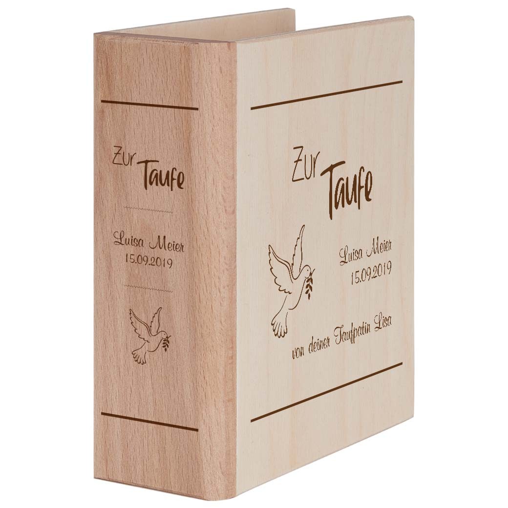 Spardose in Buchform mit Wunschgravur zur Taufe - Taube von Trendgravur