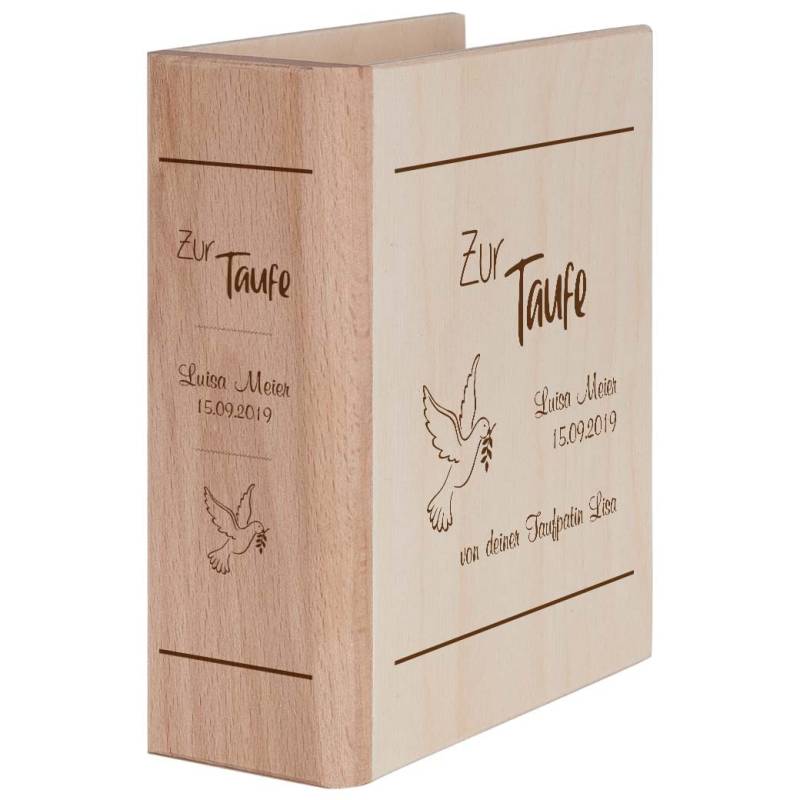 Spardose in Buchform mit Wunschgravur zur Taufe - Taube von Trendgravur