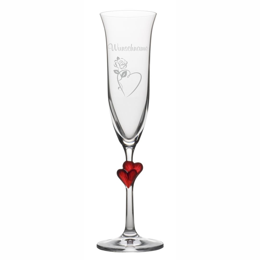 Stölzle Sektglas L'Amour rot mit Wunschnamen -Herzrose von Trendgravur