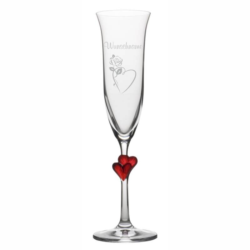 Stölzle Sektglas L'Amour rot mit Wunschnamen -Herzrose von Trendgravur