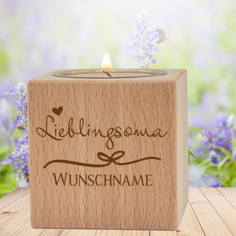 Teelichthalter Lieblingsoma mit Wunschnamen von Trendgravur