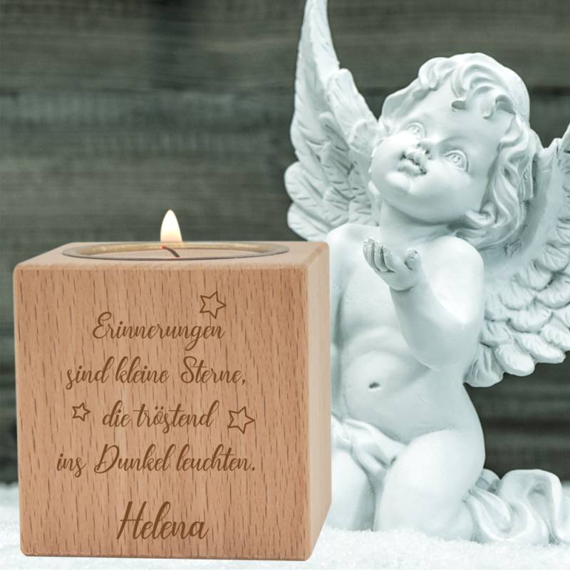 Teelichthalter Trauerlicht Holz Erinnerungen sind kleine Sterne von Trendgravur