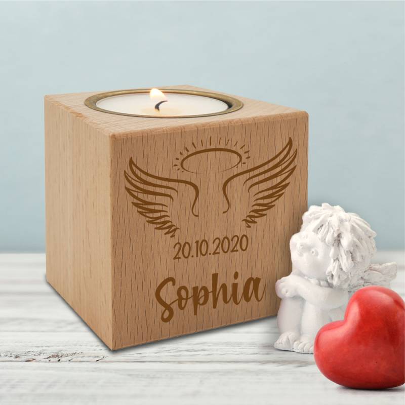 Teelichthalter Trauerlicht Holz Flügel von Trendgravur