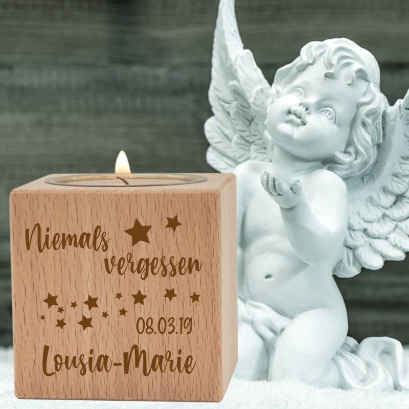 Teelichthalter Trauerlicht Holz Niemals vergessen von Trendgravur