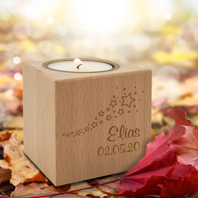 Teelichthalter Trauerlicht Holz Sterne von Trendgravur