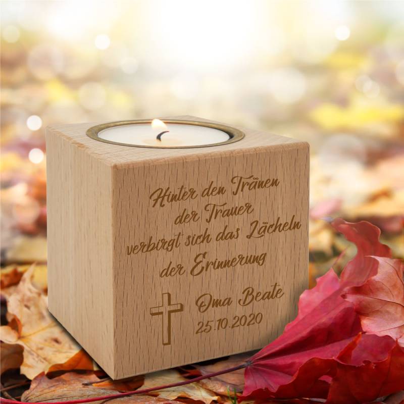 Teelichthalter Trauerlicht Holz hinter den Tränen der Trauer von Trendgravur