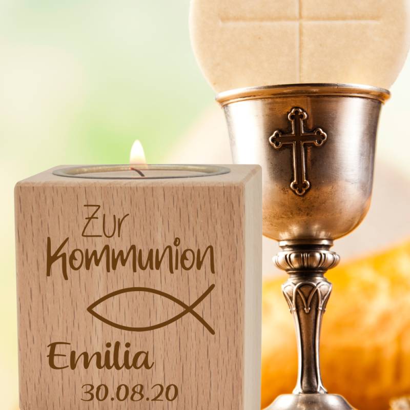 Teelichthalter mit Gravur klein- Kommunion Fisch von Trendgravur