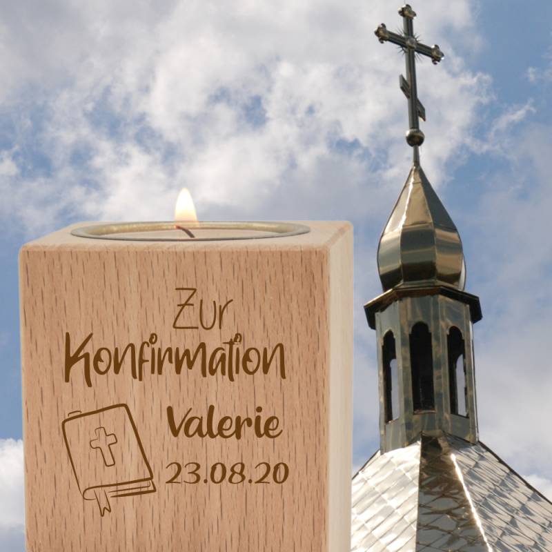 Teelichthalter mit Gravur klein- Konfirmation Gesangbuch von Trendgravur